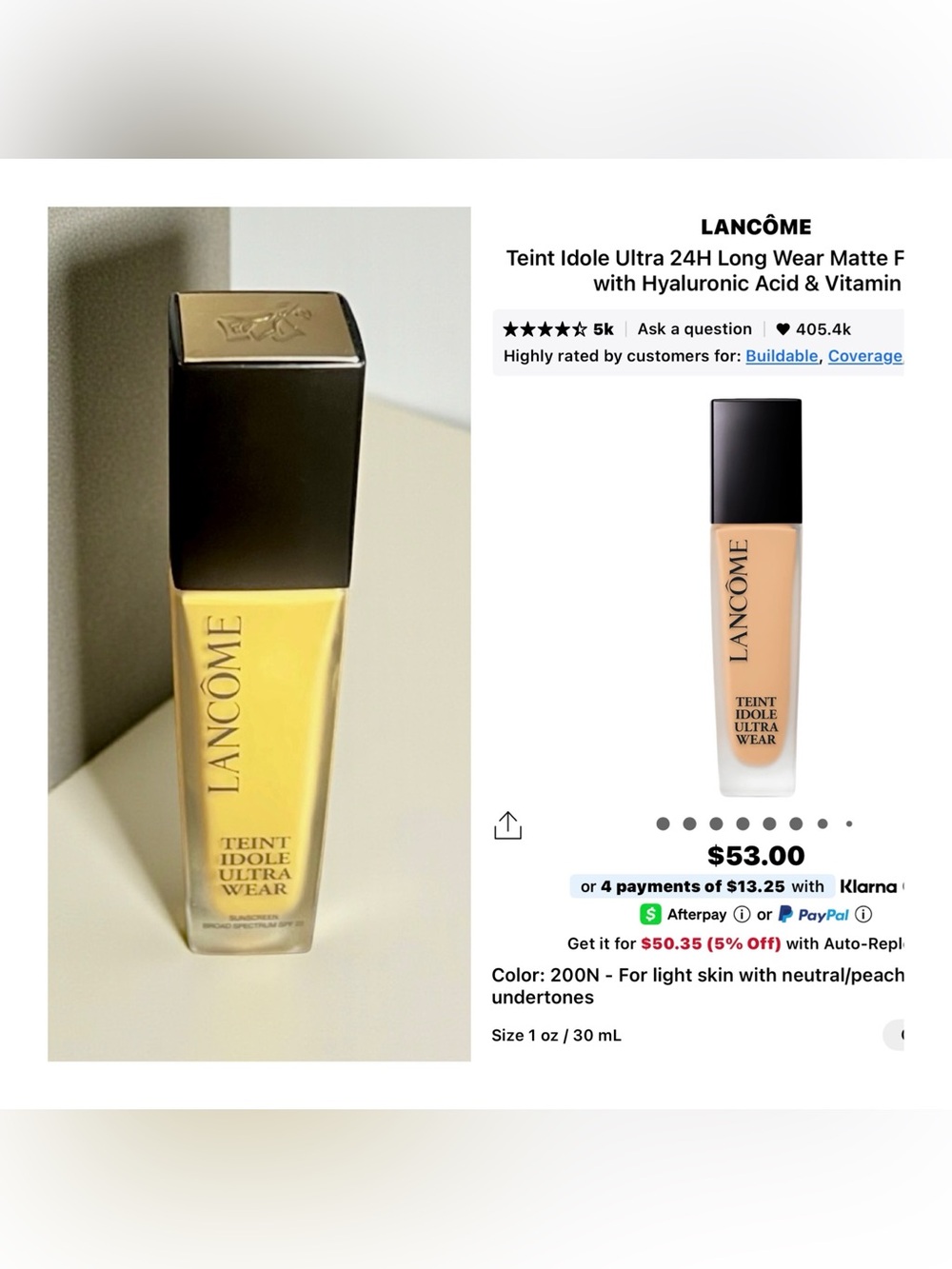 Lancôme Teint Idole Ultra 24H Long Wear Matte Foundation 200N 1 oz